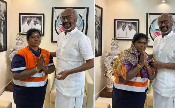 தூய்மைப் பணியாளர் பத்மாவின் நேர்மைக்கு தங்கச் சங்கிலி வழங்கிய ரஜினிகாந்த்