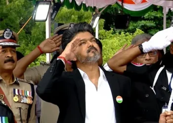 Chief Minister Vijay hoisted the national flag at the ramparts of Fort St. George in Chennai.
