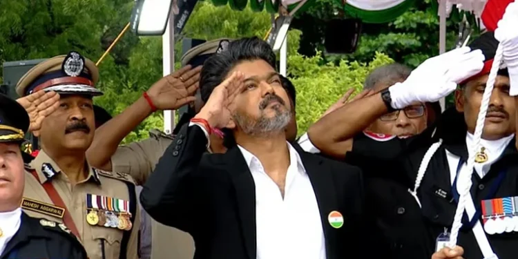 Chief Minister Vijay hoisted the national flag at the ramparts of Fort St. George in Chennai.