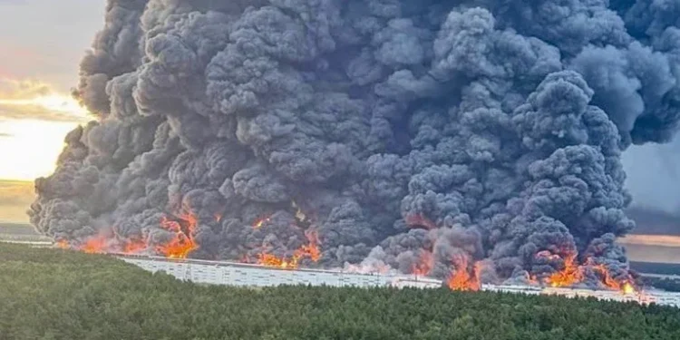 Seven Russian cargo warehouses gutted in Ukrainian drone attack.