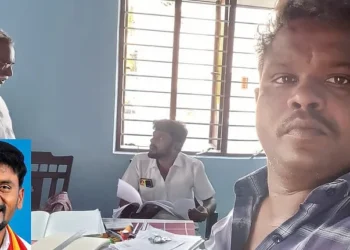 TVK functionary inspects work while Panchayat Secretary stands by in Palani.
