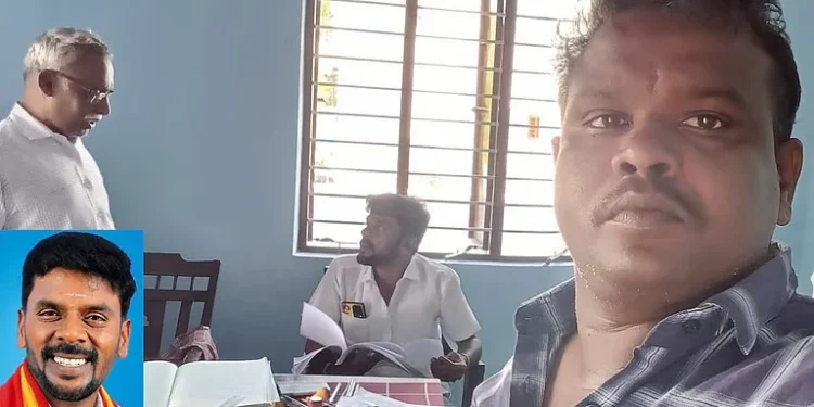TVK functionary inspects work while Panchayat Secretary stands by in Palani.